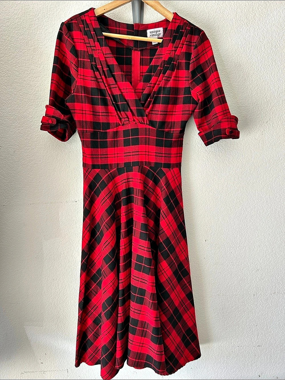 Unique Vintage Devon Swing Dress Plaid Midi Red & Black Medium